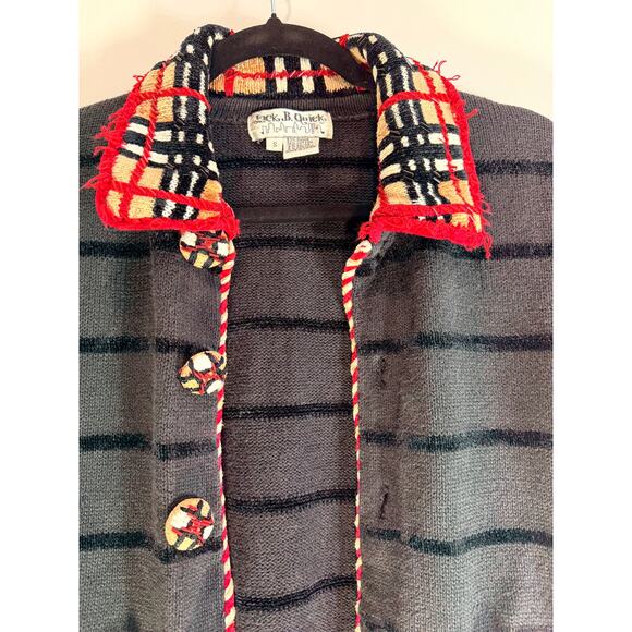 Jack B. Quick Plaid Trim Knit Cardigan Jacket Button Front Black Red Size S - Picture 3 of 6
